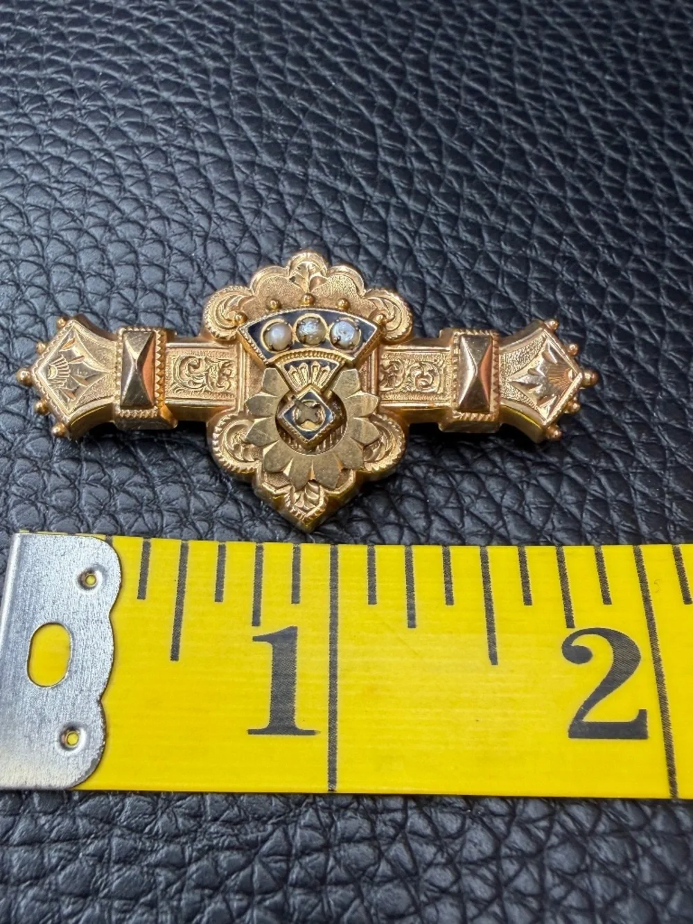 ORNATE Antique Victorian Edwardian Gold Filled Etched Bar Brooch Seed Pearls 2